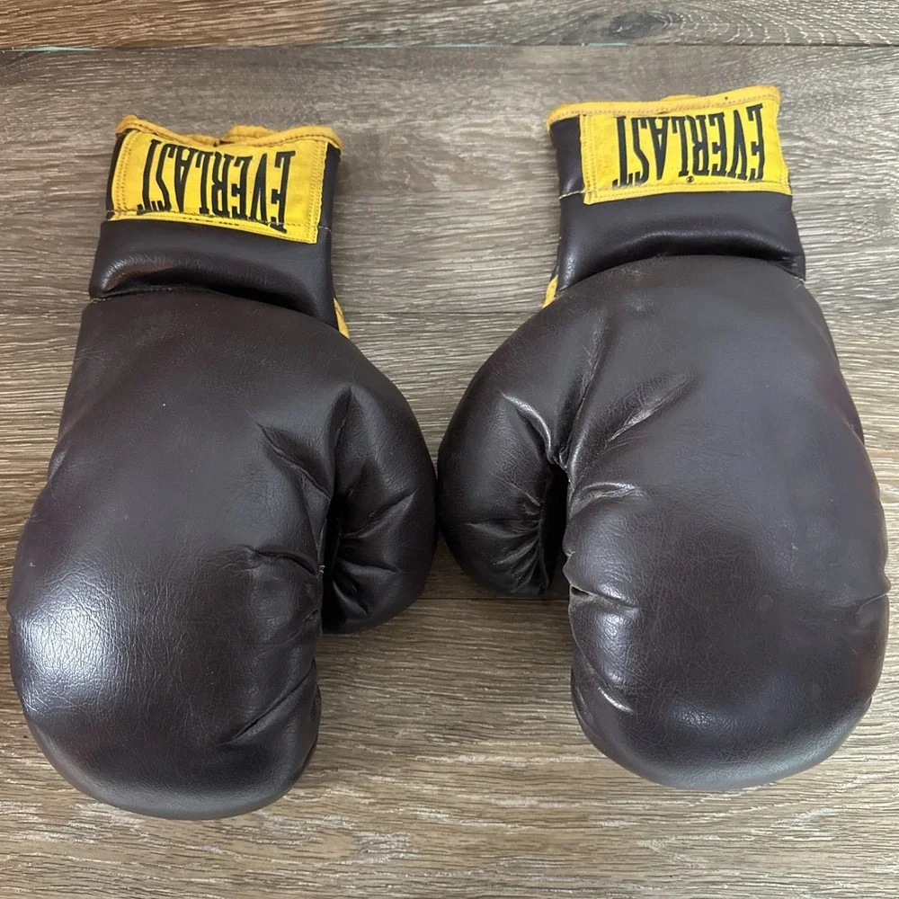 Vintage Everlast 17 oz Leather Boxing Gloves Brown Yellow Training Sparring Pair